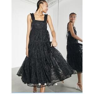 ASOS EDITION tiered organza eyelet midi dress ruffle Strap black WhimsyGoth Sz 4